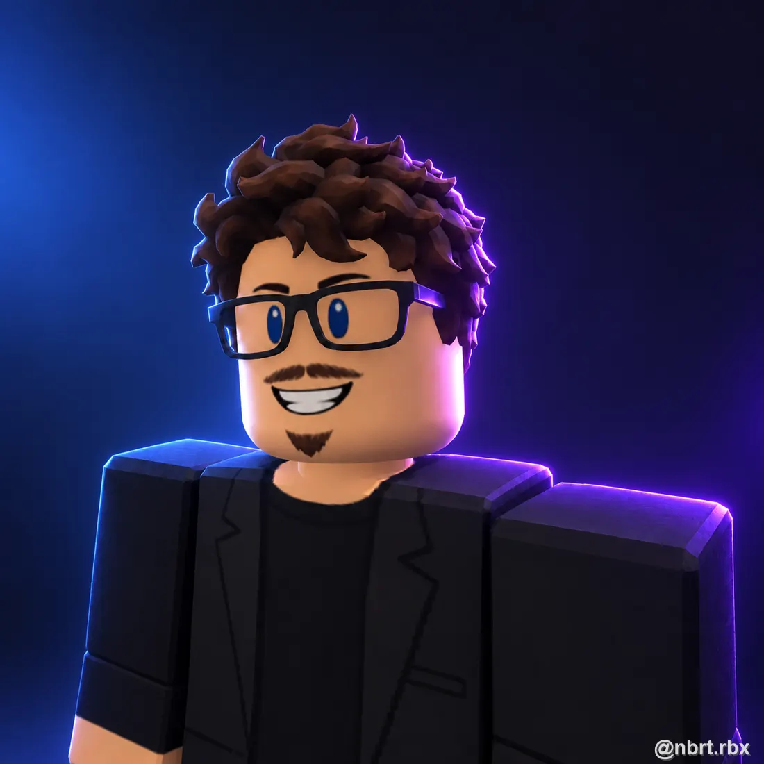 Avatar do NBRT no Roblox, de óculos e cabelo cacheado, com luz neon azul